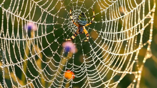 Large spider on dew covered web in garden meadow.
