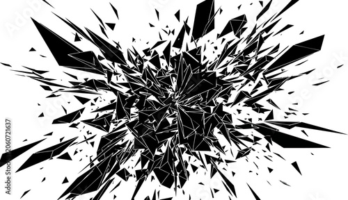 Abstract black and white geometric explosion with shattered fragmented shards and sharp edgy polygons
