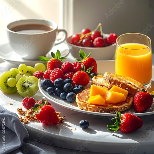 A vibrant breakfast spread with fresh fruits and drinks