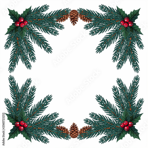 Christmas wreath frame with pine cones and holly berries