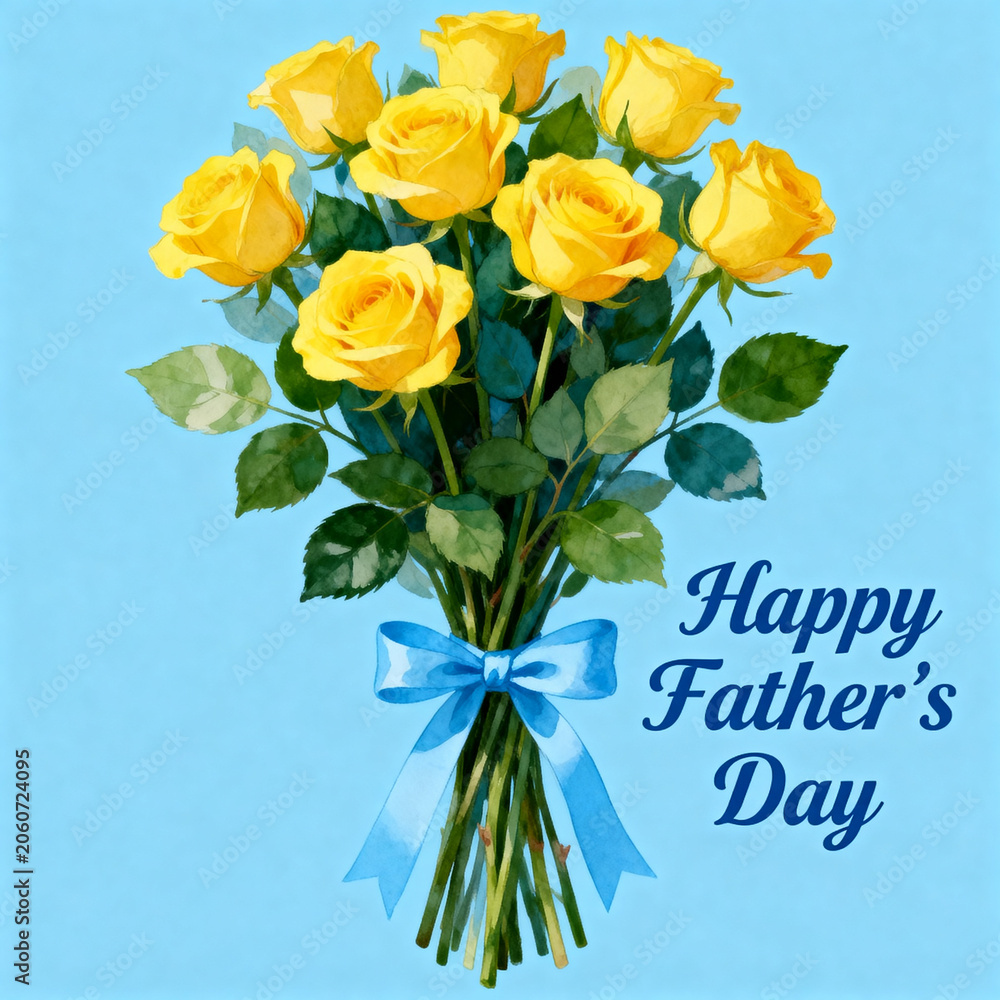 Fototapeta premium A Beautiful Bouquet of Yellow Roses Tied with a Blue Ribbon, Celebrating Father's Day with a Heartfelt Message