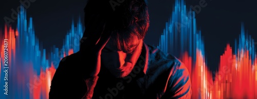 Sad man holding head with stress in front of financial stock chart  