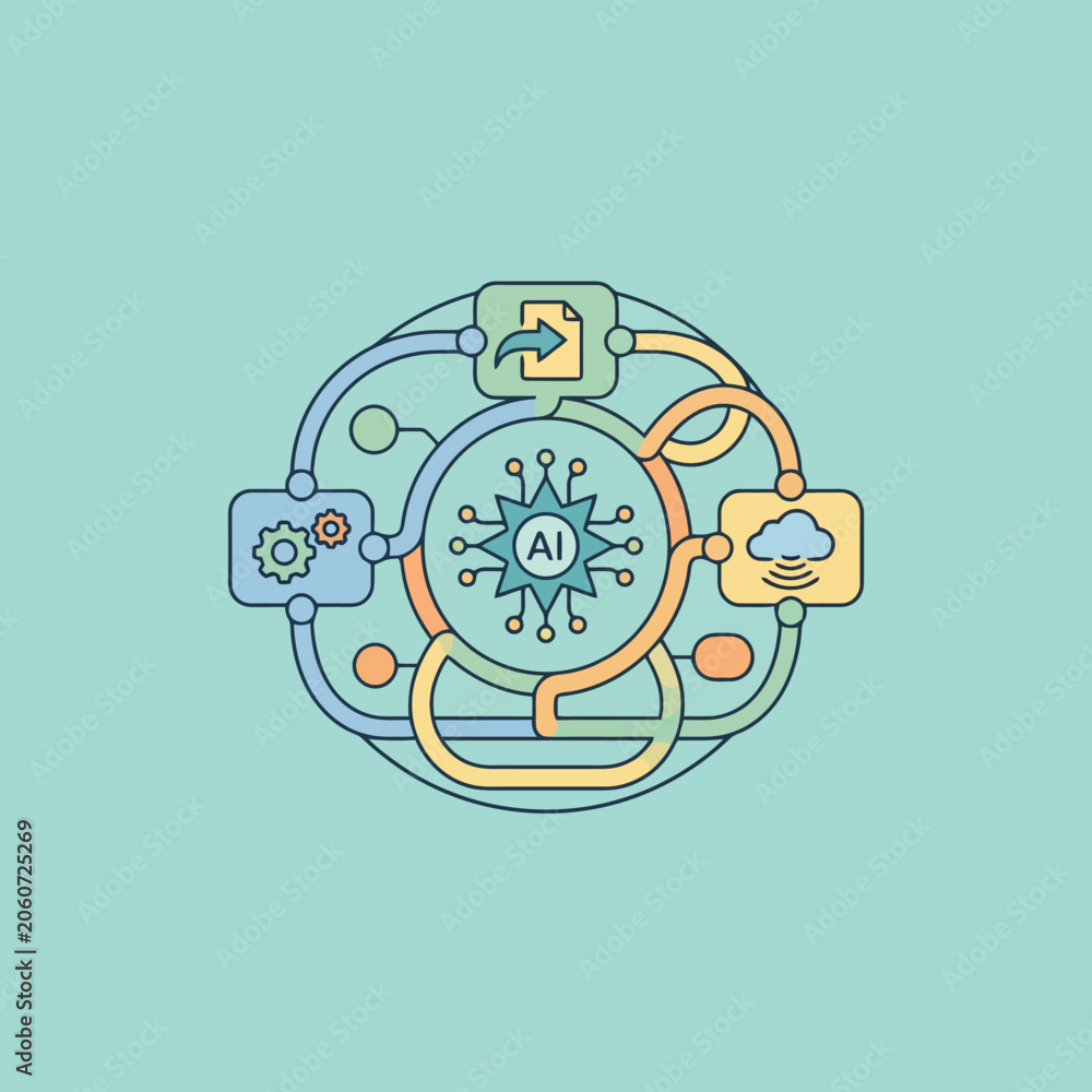 Fototapeta premium A circular diagram showing digital data processing and cloud connectivity