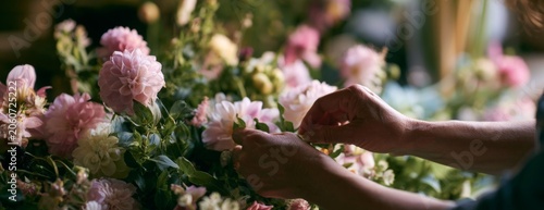 Florist arranging pink flowers in a bouquet for an event