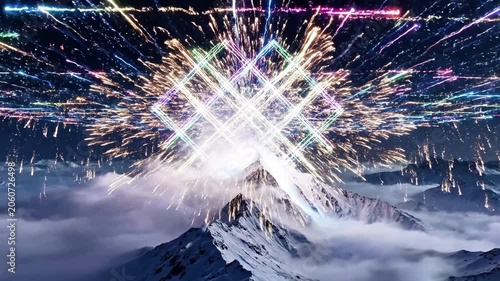 Vibrant colorful lights explode above a snow-capped mountain peak shrouded in misty clouds