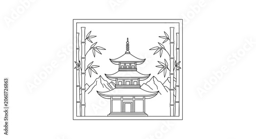 Traditional Japanese Pagoda Temple Surrounded by Bamboo and Mountains in a Square Frame
