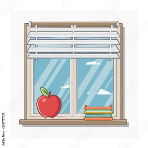 Illustration of a window with blinds, apple, and books