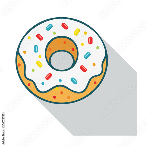 Flat design donut with white icing and colorful sprinkles