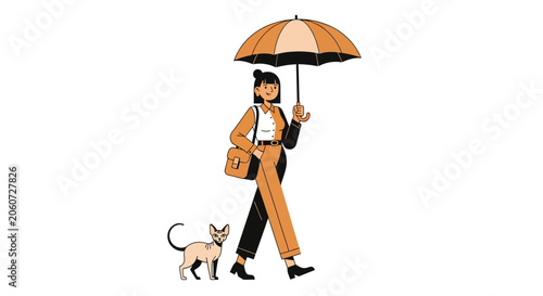 Woman walking her dog in the rain with an orange umbrella.