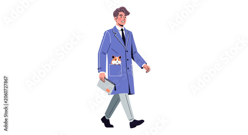 Cartoon man in blue coat carrying books and bag.