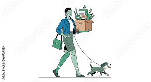 Woman walking dog carrying box of plants.