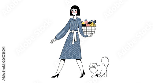 Woman walking small dog with shopping basket.