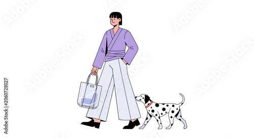 Woman walking her dalmatian dog while carrying shopping bags.
