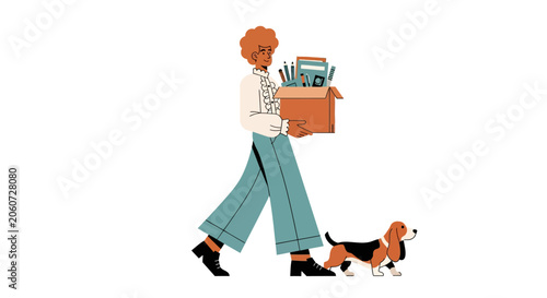 Woman walking dog while carrying cardboard box of plants.
