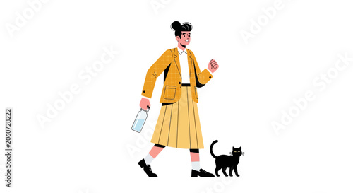 Woman in yellow dress walking with black cat.