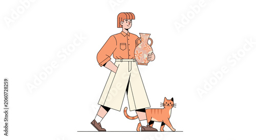 Woman walking her small dog outdoors in casual attire.