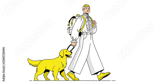 Man in white coat walking yellow dog on leash.