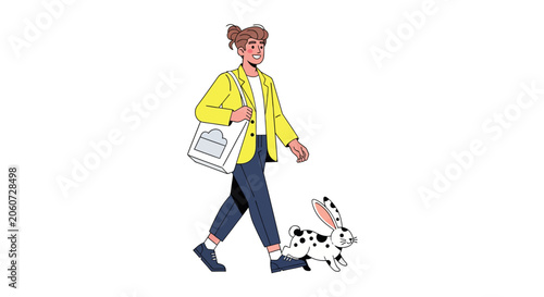 Woman walking her Dalmatian dog outdoors.