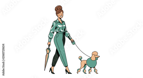 Elegant woman walking a poodle on a leash.