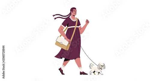 Woman walking her small dog on a leash outdoors.