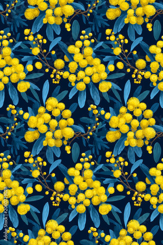 Australian wildflower wattle repeating seamless pattern dark background