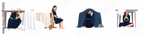 Bilde på lerret Illustrations showing a woman in a dark dress using her smartphone in hidden spaces, including under a table and inside a makeshift tent