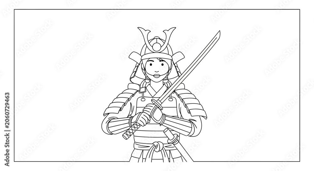 Fototapeta premium Samurai Warrior Holding Katana Sword, Traditional Japanese Armor, Line Art Illustration