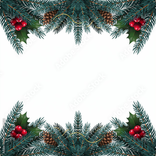 Christmas garland border with pine, holly, and berries