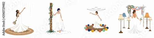Tableau sur toile Set of minimalist illustrations featuring brides in white wedding dresses in romantic settings with fairy lights, lanterns, and floral arches