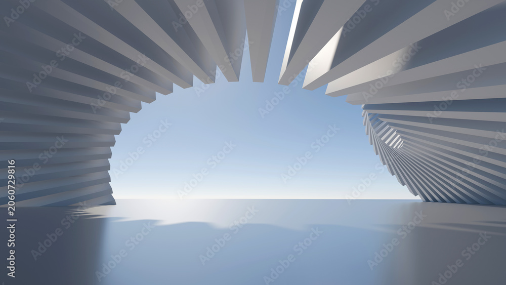 Naklejka premium Modern abstract white geometric spiral tunnel interior structure against clear blue sky, 3D rendering