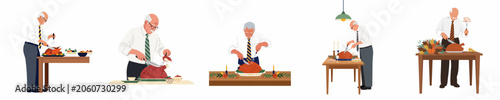 Tableau sur toile Set of vector illustrations showing an elderly man carving a traditional roasted turkey for a holiday dinner celebration