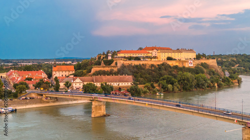 Картината върху платно Close-up aerial view of Petrovaradin fortress and Danube river bridge in Novi Sa