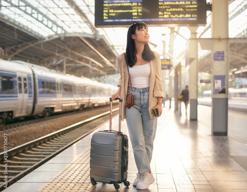 Stylish young woman traveling at train station with suitcase, traveling alone on vacation.