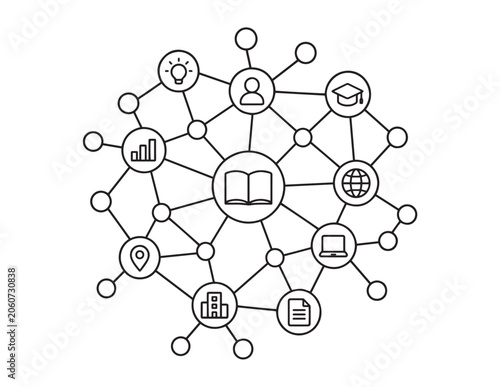 Network of interconnected line icons with central book icon