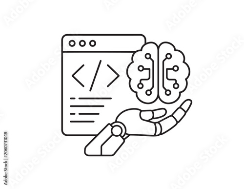 AI Brain and Robotic Hand Holding Code Window Line Icon Vector