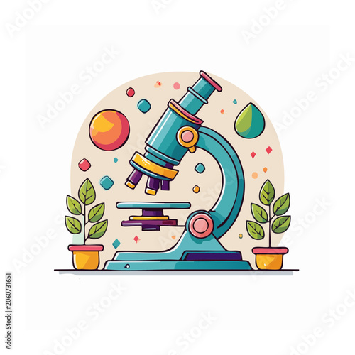Cartoon microscope with plants and colorful elements