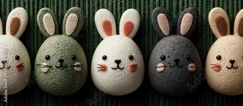 A row of Easter egg-shaped bunnies with textured surfaces and various color schemes.  Close-up view on green background