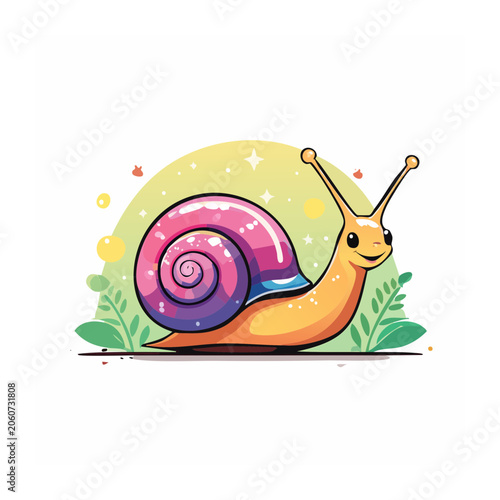Cute cartoon snail with colorful shell and green leaves