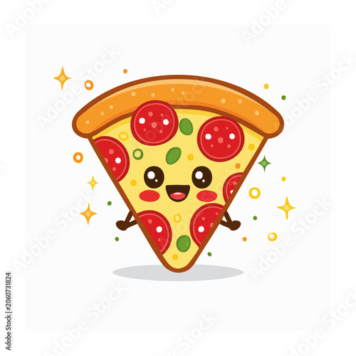 Cute cartoon pizza slice with face and toppings