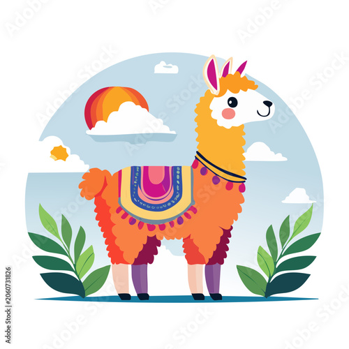 Cute llama illustration with colorful saddle and sunny sky