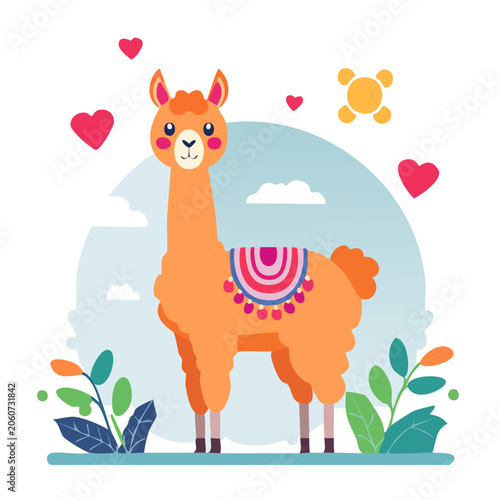 Cute orange llama with colorful saddle and hearts