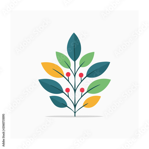 Flat design illustration of a plant with colorful leaves and red