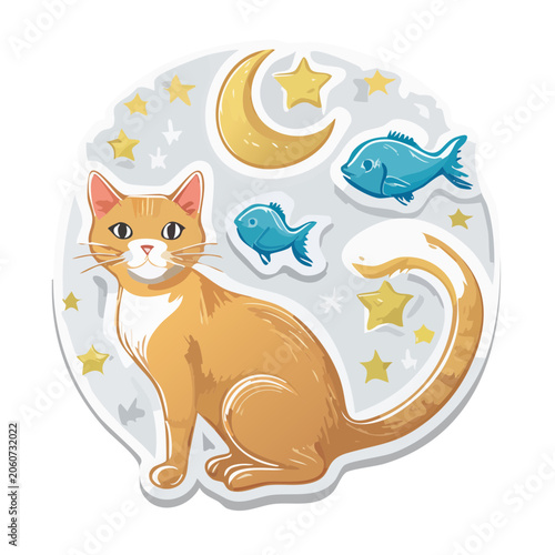 Orange cat with fish and stars in circular frame illustration