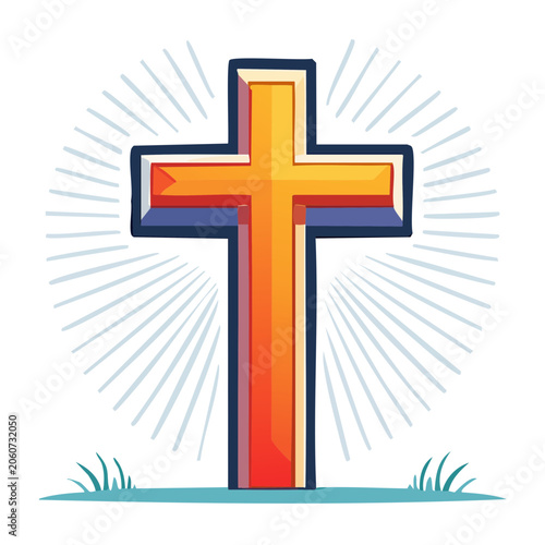 Stylized Christian Cross with Sun Rays and Grass