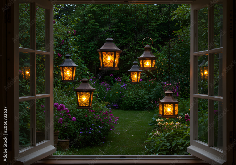 Fototapeta premium Garden view from window at night