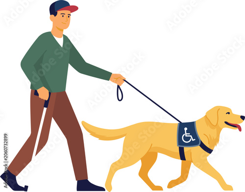 Bild auf Leinwand Blind man walking with guide dog vector illustration, visually impaired person a