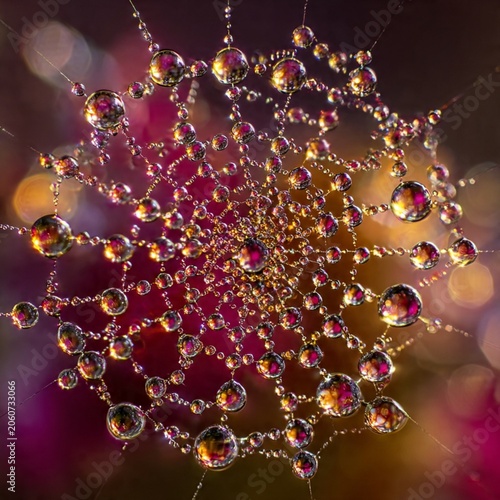 Golden Dawn Macro of Crystal Dew Drops on Geometric Spider Web 8K.