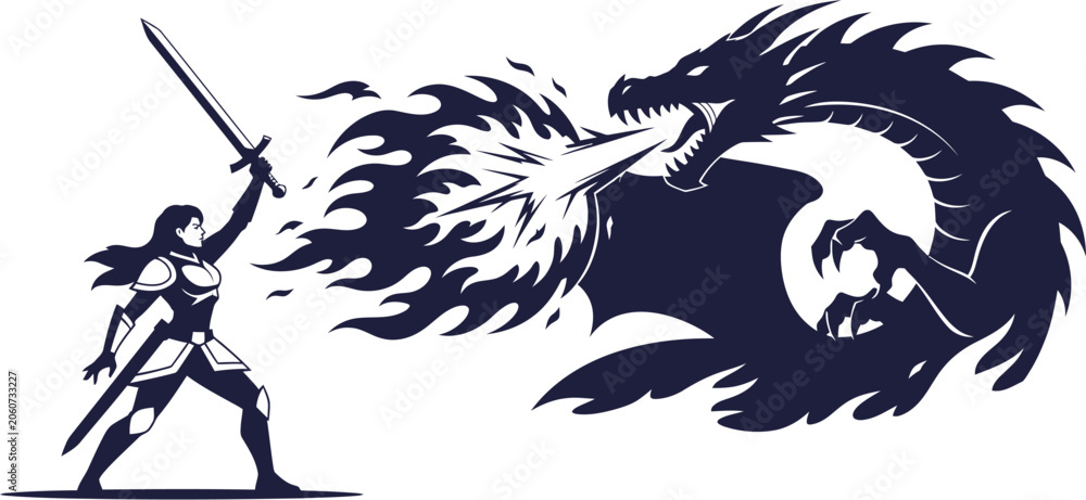 Obraz premium Warrior Woman in Armor Fighting a Fire Breathing Dragon in Fantasy Combat Illustration