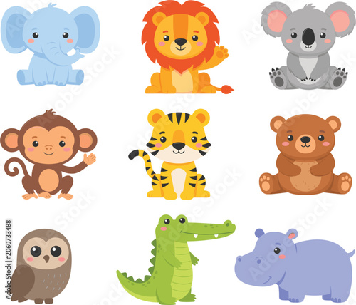 Photography Cute cartoon wild animals vector set with baby elephant, lion, tiger, monkey and