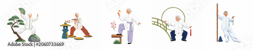Obraz na plátně Vector illustration set of an elderly woman practicing Tai Chi and Qigong with traditional Chinese garden elements, bonsai, and meditative props